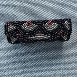 Beaded Black Mirrored Lipstick Case with Silver and Purple Accents